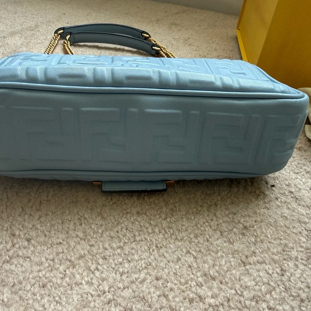 Fendi Light Blue Lambskin Zucca Baguette Gold Chain with Gold Hardware Full Set - Picture 12 of 16